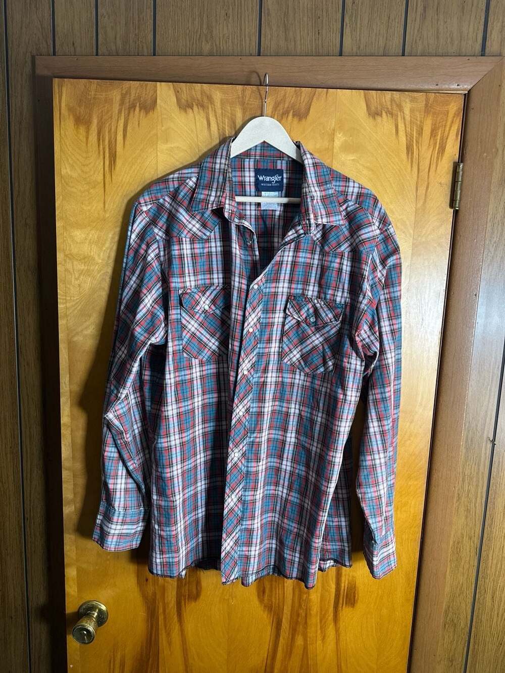 Wrangler Western Shirt Mens XL Pearl Snap Long Sleeve Plaid Red Blue White